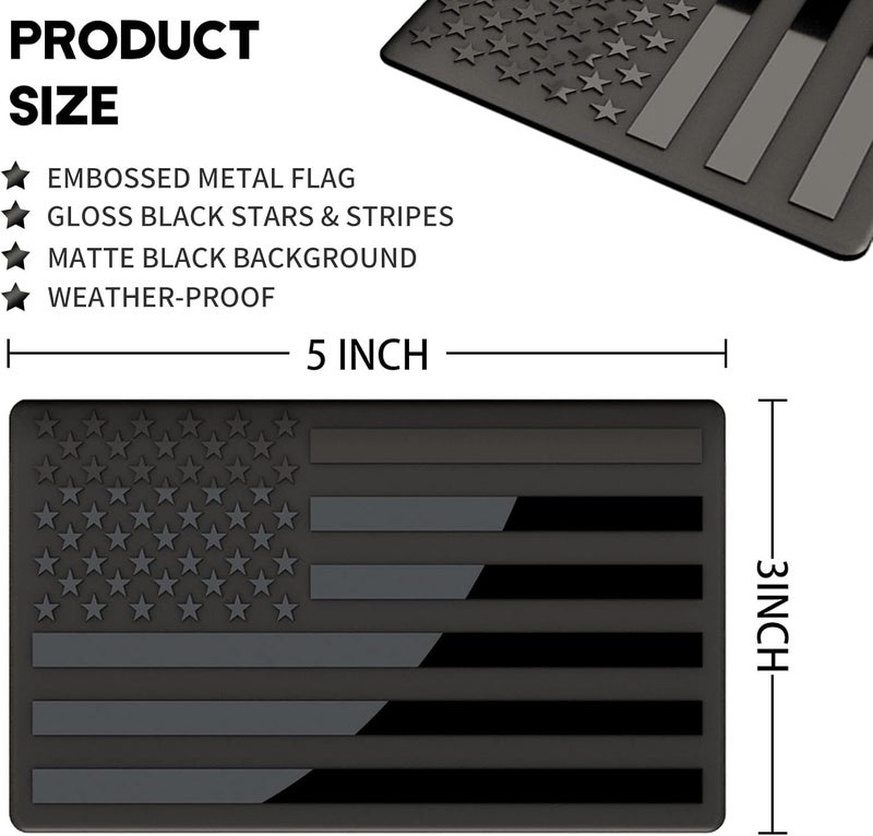sticro Embossed 3D Metal All Black American Flag Emblem Decal Stickers (1 Pair), Matte Black 5" x 3" Patriotic USA US Flag Car Decals Bumper Stickers for Truck, Window, Motorcycle, Support US Military - Image 2